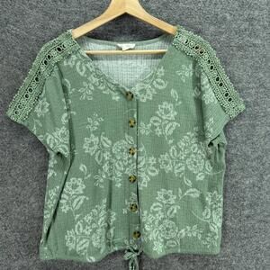 Como Blu Button Up Top Women L Large Green Floral V-Neck Short Sleeve Rayon